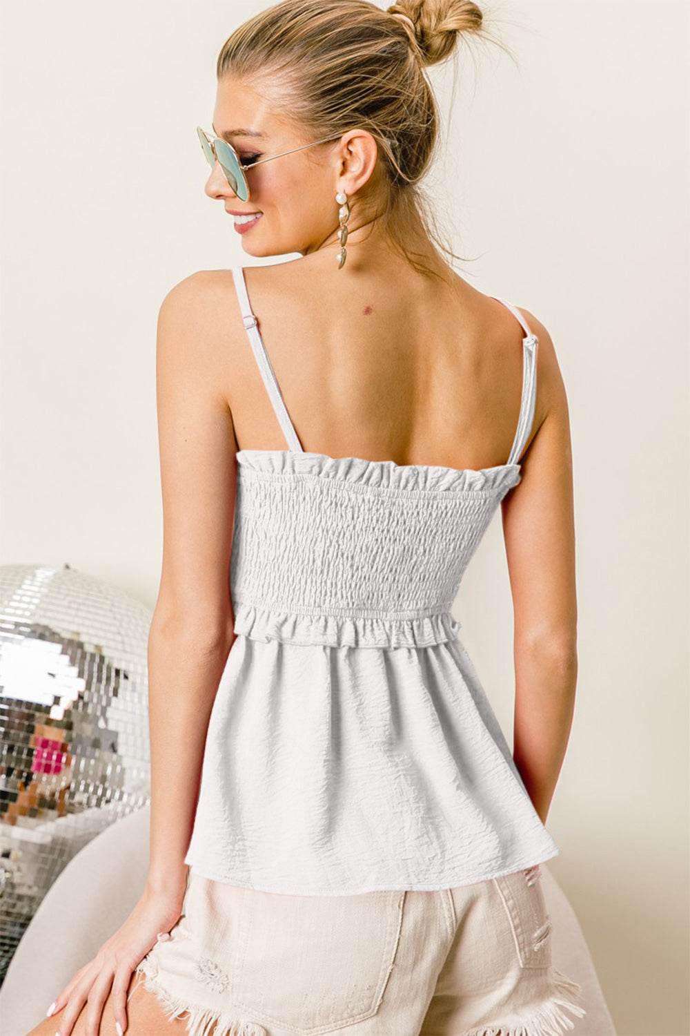 BiBi Ruffle Edge Smocking Babydoll Cami - DaTrendStore.Com