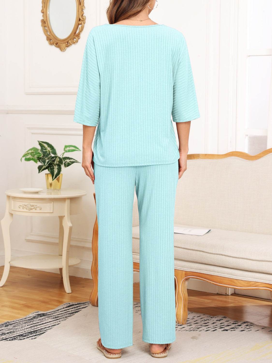 Ribbed Half Sleeve Top and Pocketed Pants Set - DaTrendStore.Com