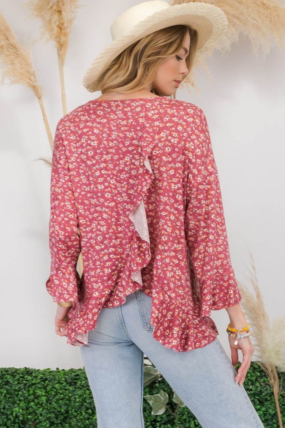 Celeste Full Size Floral Ruffle Detail Top - DaTrendStore.Com