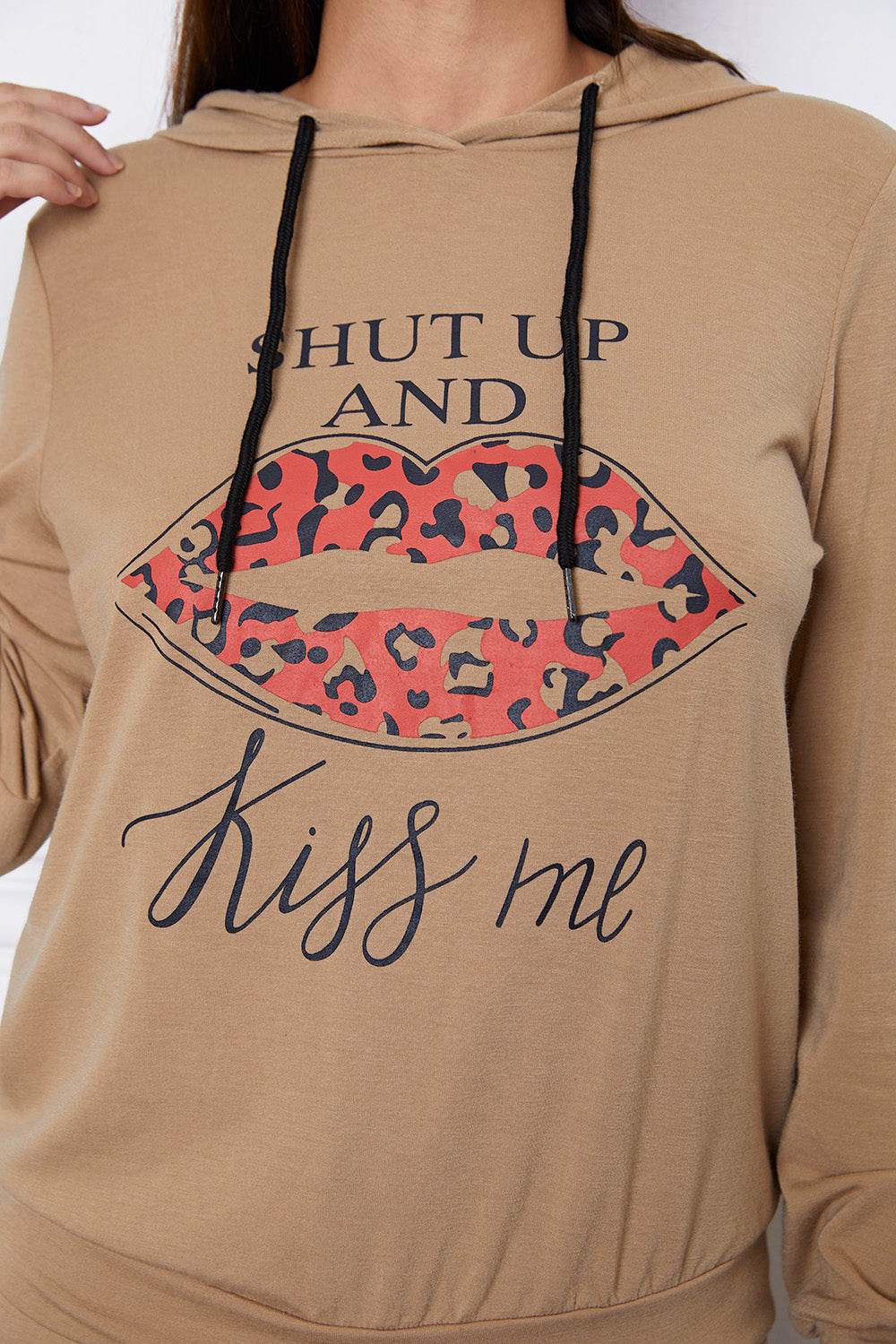 SHUT UP AND KISS ME Lip Graphic Hooded Top and Drawstring Pants Set - DaTrendStore.Com