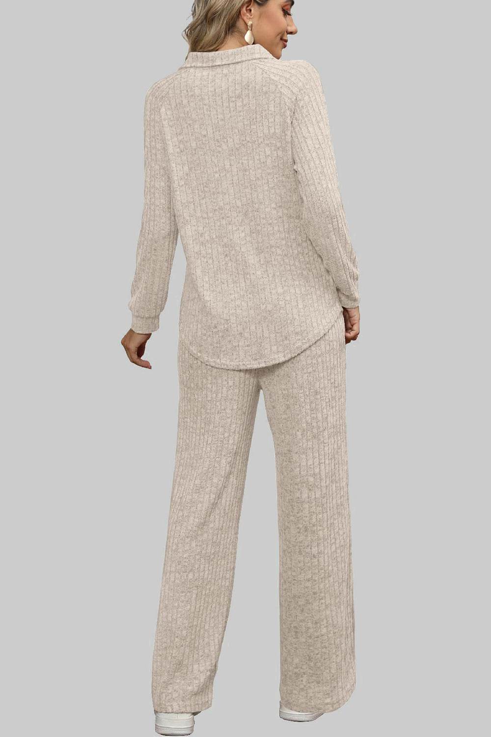 Ribbed Long Sleeve Top and Pocketed Pants Set - DaTrendStore.Com