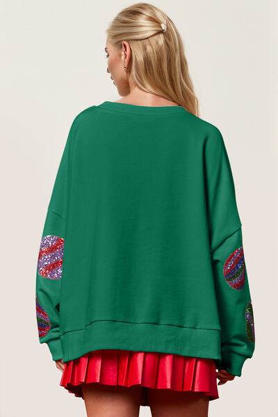 Double Take Christmas Element Sequin Round Neck Long Sleeve Sweatshirt - DaTrendStore.Com