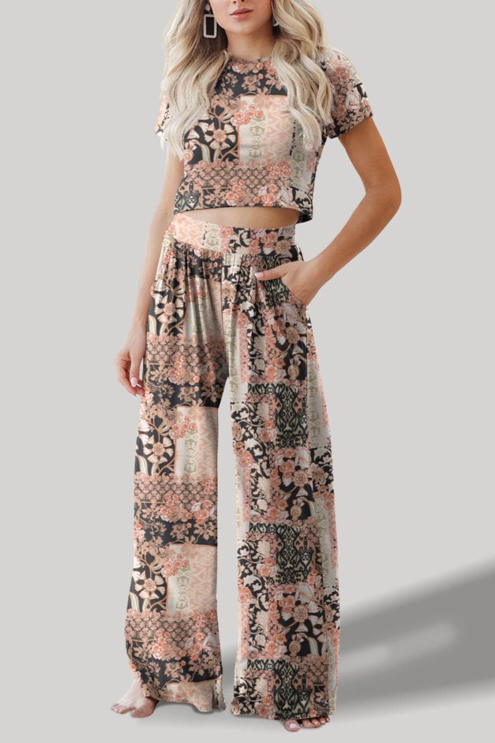 FAM-FAM Printed Round Neck Short Sleeve Top and Pants Set - DaTrendStore.Com