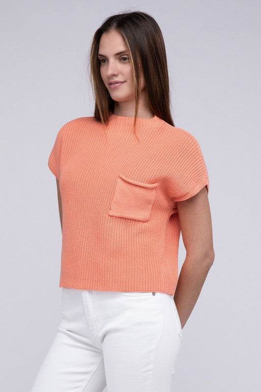 Mock Neck Short Sleeve Cropped Sweater - DaTrendStore.Com