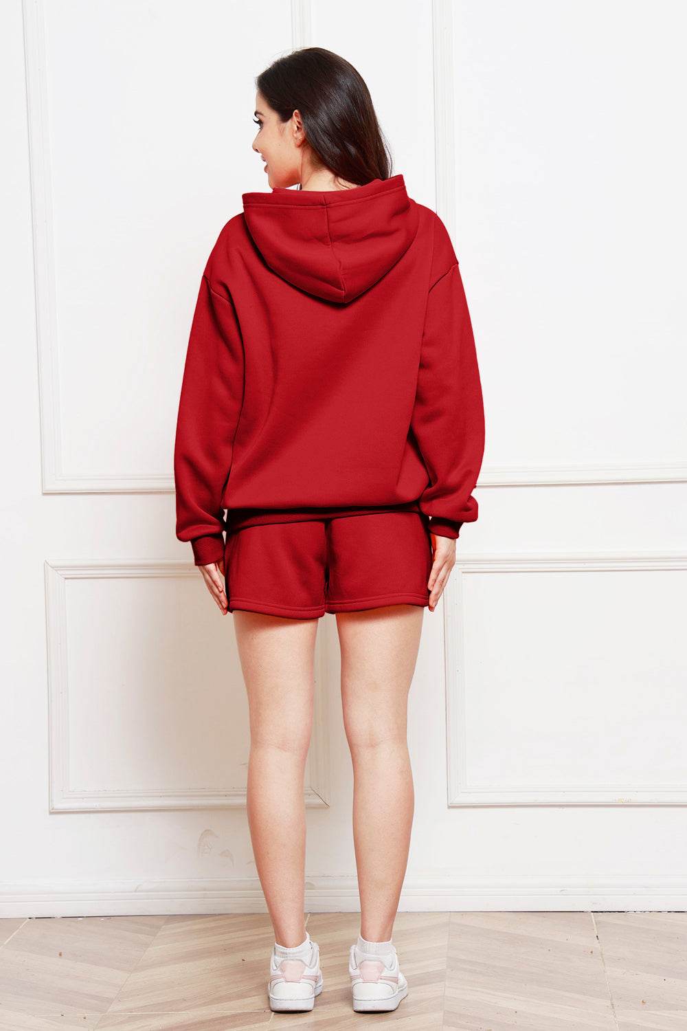 Drop Shoulder Long Sleeve Hoodie and Shorts Set - DaTrendStore.Com