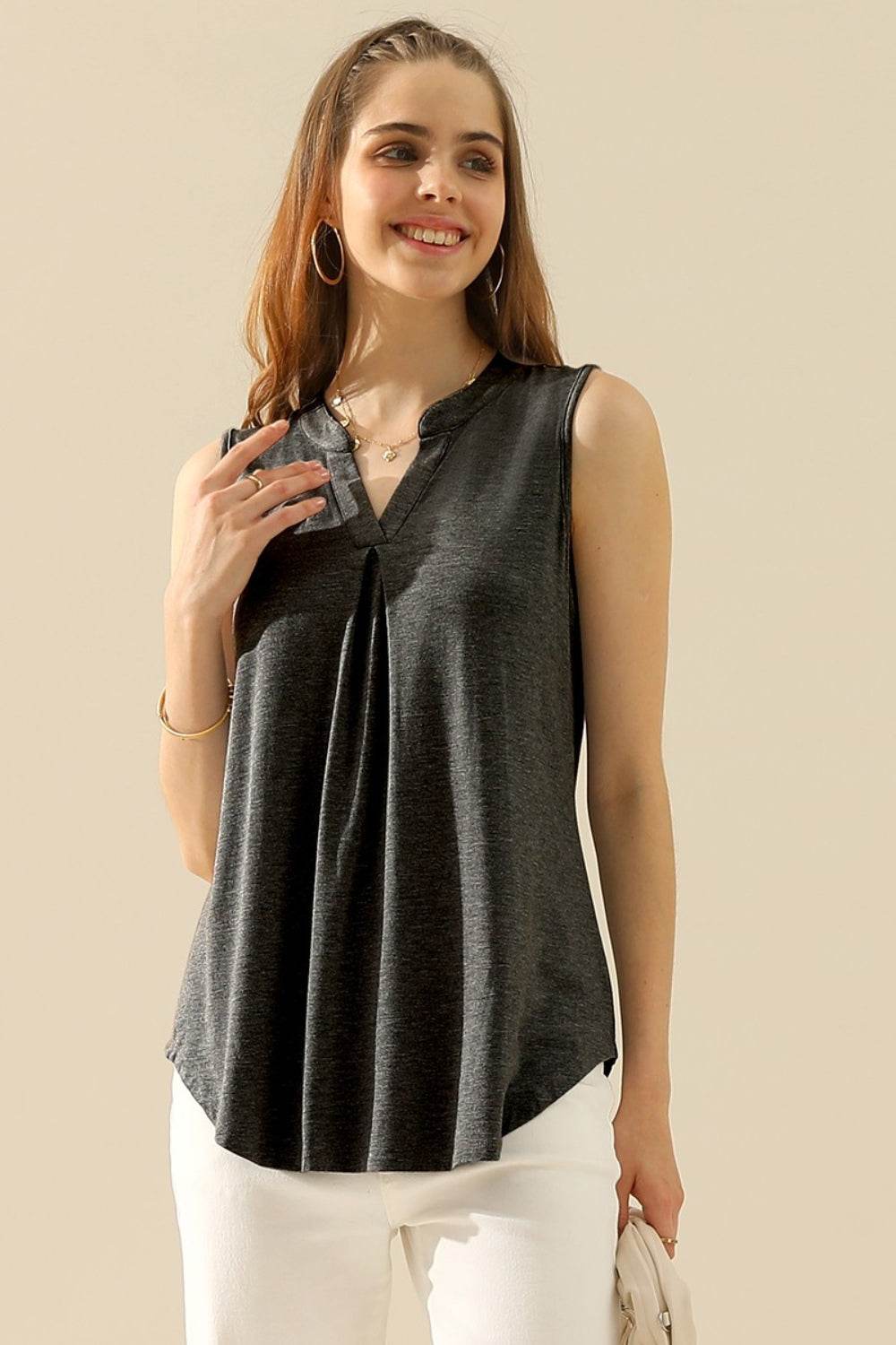 Ninexis Full Size Notched Sleeveless Top - DaTrendStore.Com