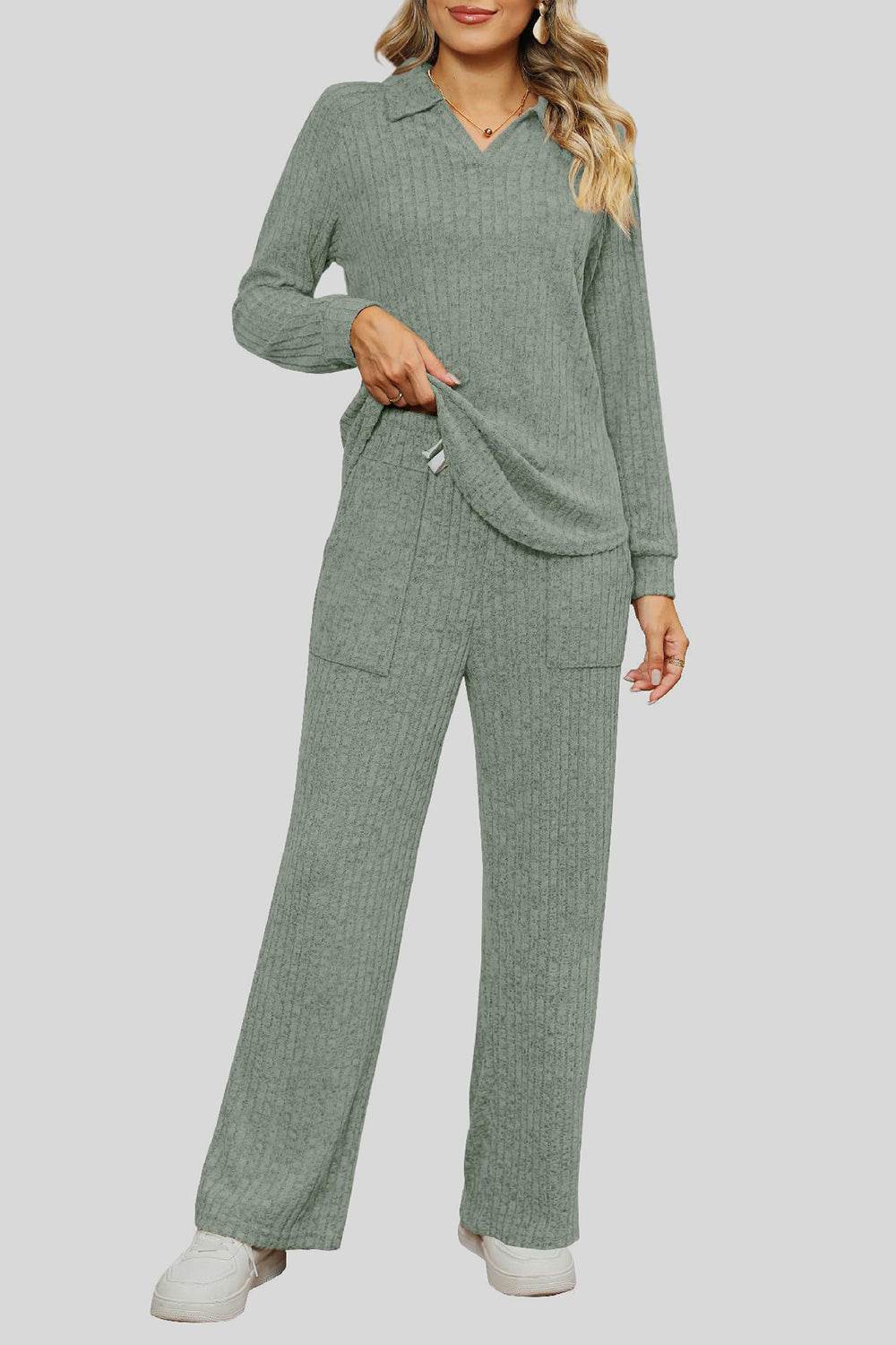 Ribbed Long Sleeve Top and Pocketed Pants Set - DaTrendStore.Com