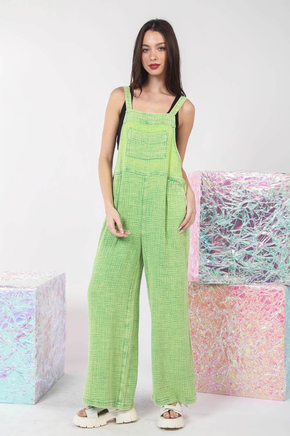 VERY J Texture Washed Wide Leg Overalls - DaTrendStore.Com