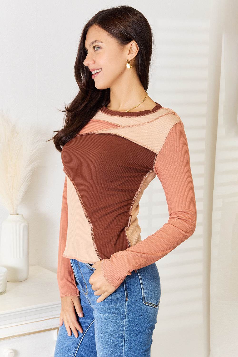 Double Take Color Block Exposed Seam Long Sleeve Top - DaTrendStore.Com