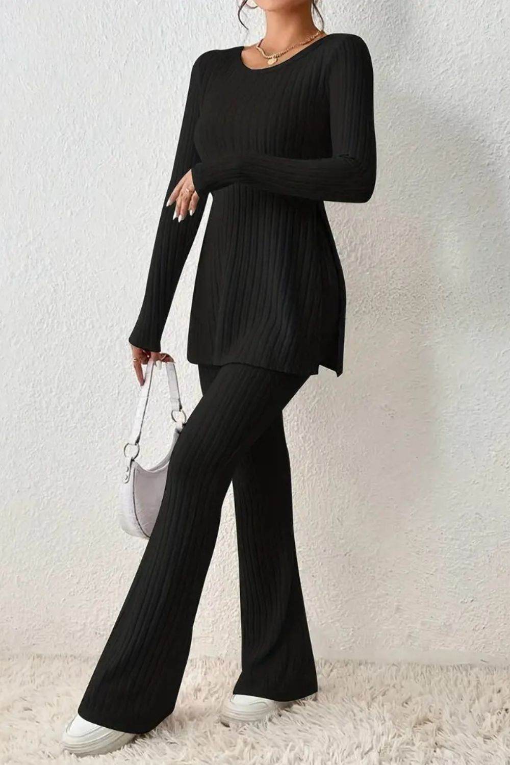 Ribbed Long Sleeve Slit Top and Bootcut Pants Set - DaTrendStore.Com
