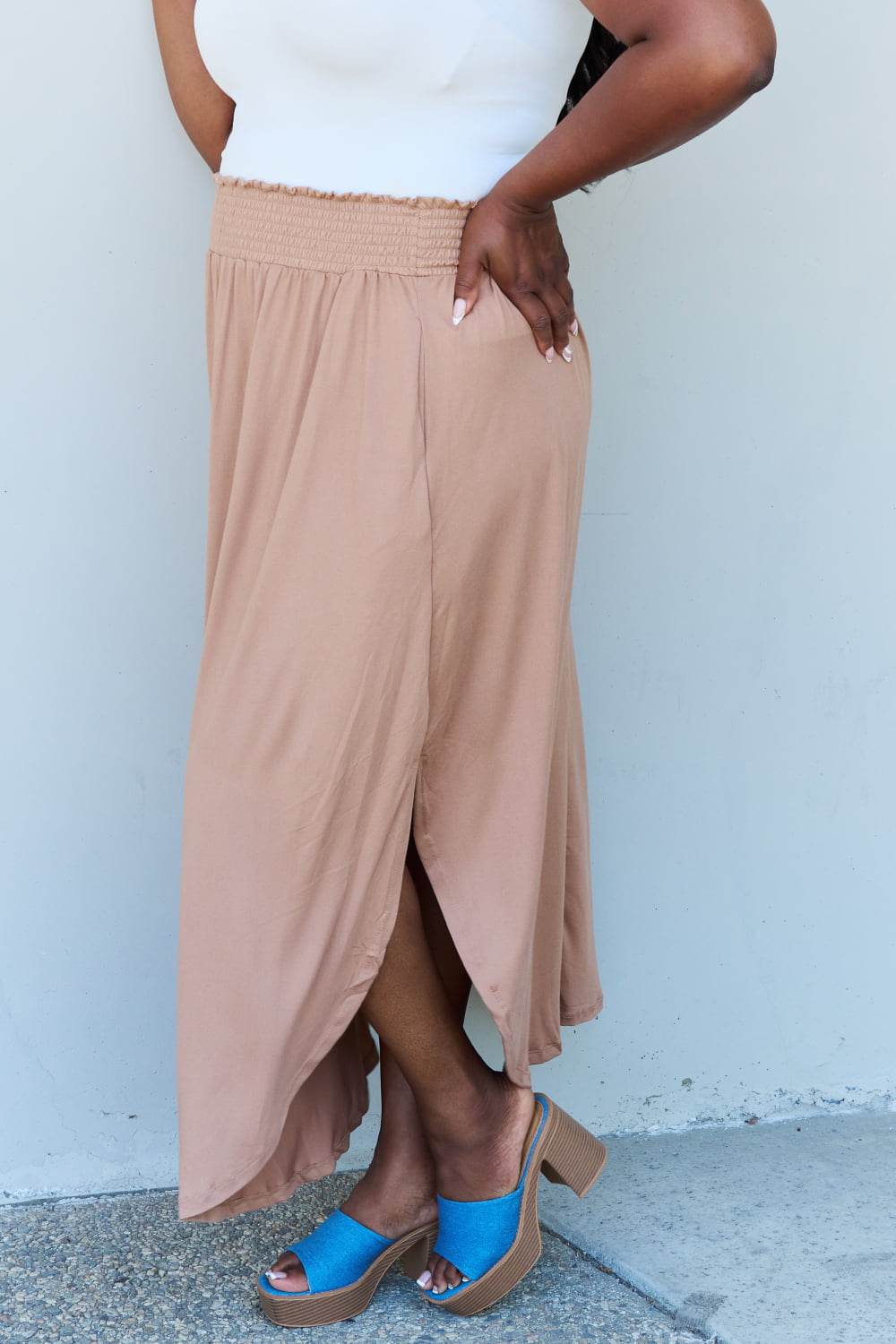 Doublju Comfort Princess Full Size High Waist Scoop Hem Maxi Skirt in Tan - DaTrendStore.Com