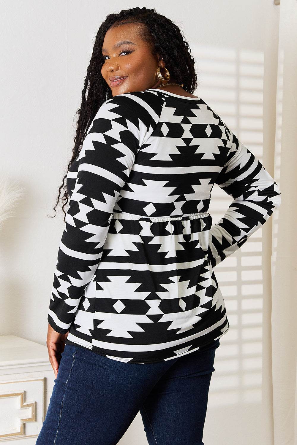 Heimish Full Size Geometric Notched Neck Long Sleeve Top - DaTrendStore.Com