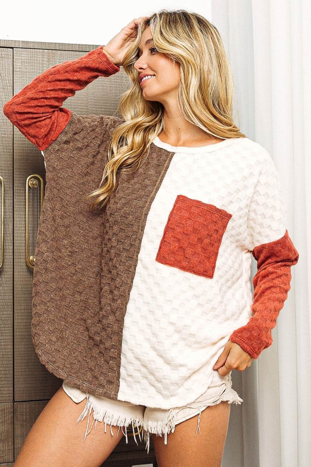 BiBi Color Block Brushed Checker Top - DaTrendStore.Com