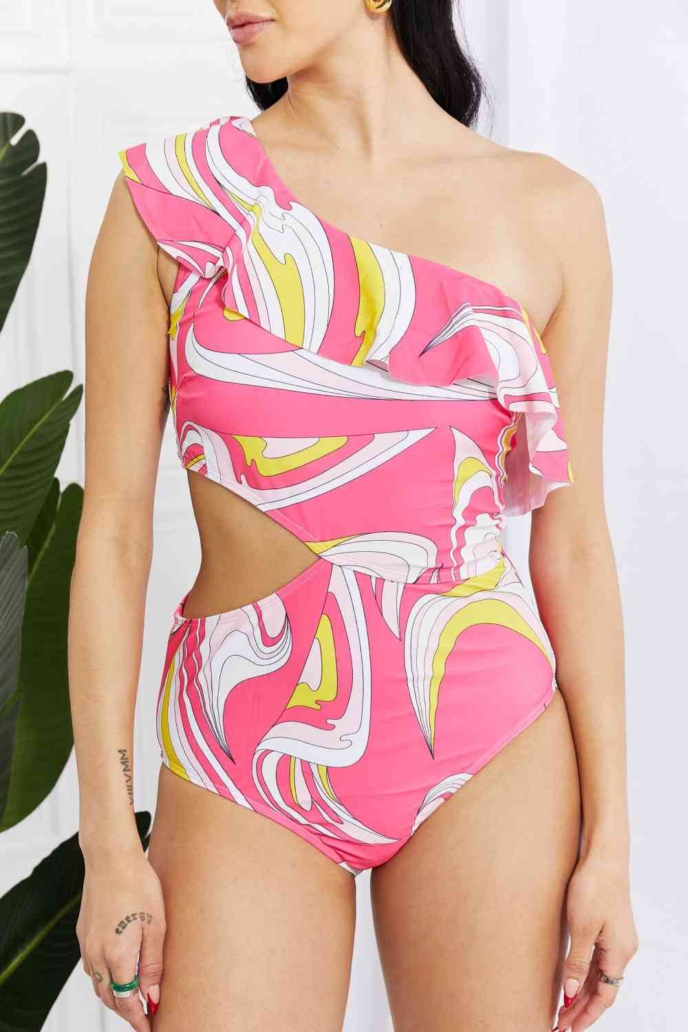 Marina West Swim Vitamin C Asymmetric Cutout Ruffle Swimsuit in Pink - DaTrendStore.Com