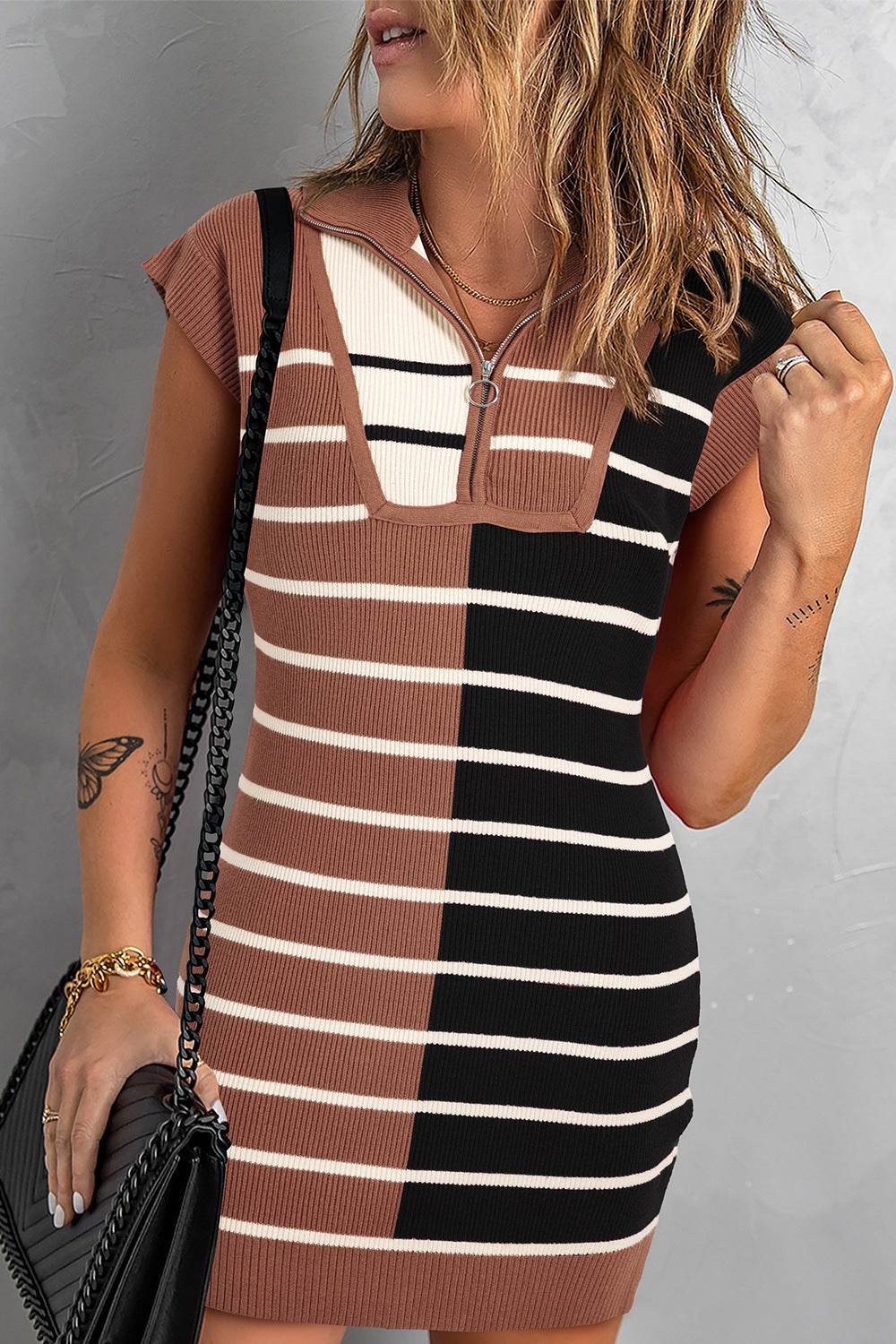 Striped Quarter Zip Cap Sleeve Sweater Dress - DaTrendStore.Com