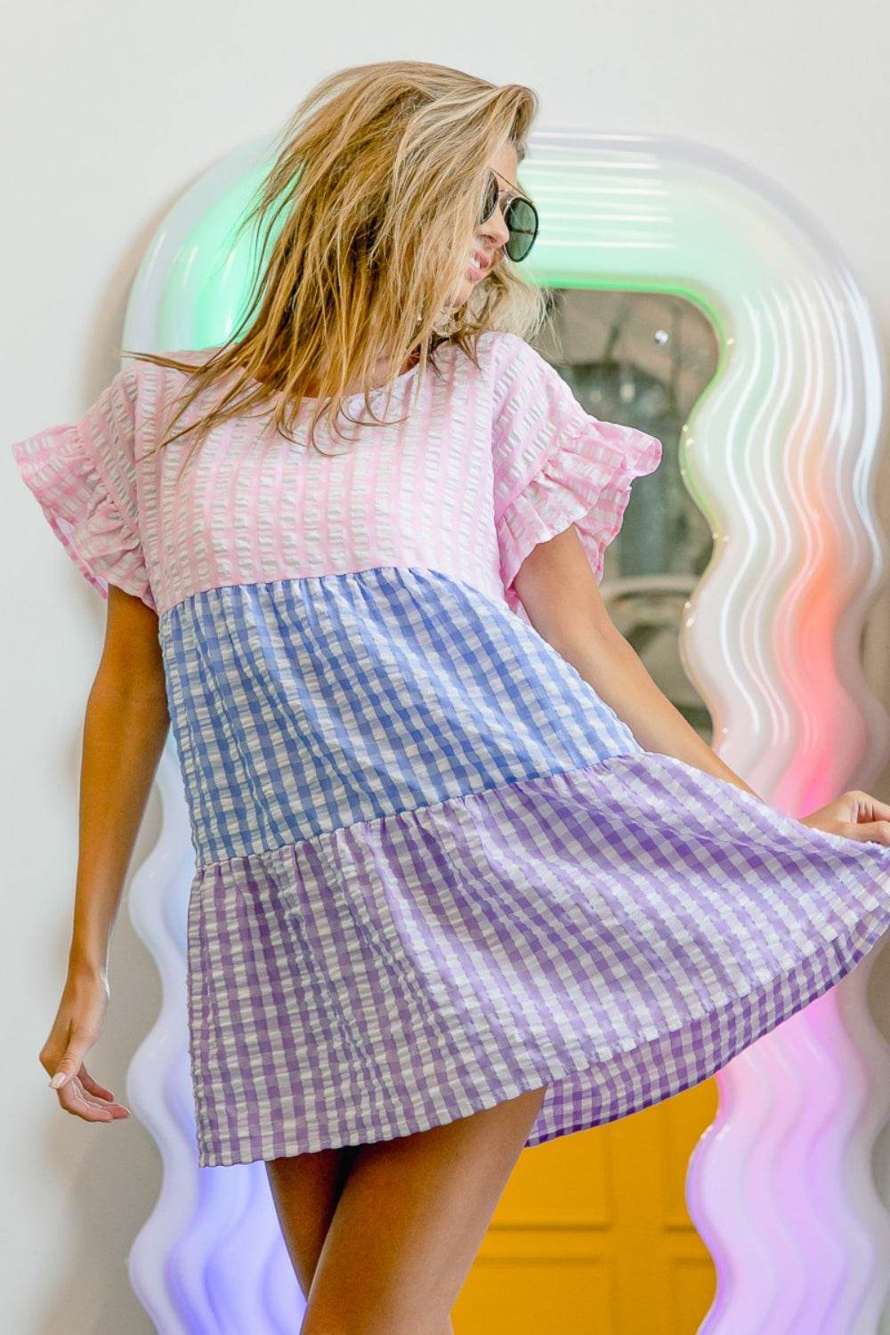 BiBi Plaid Color Block Tiered Top - DaTrendStore.Com
