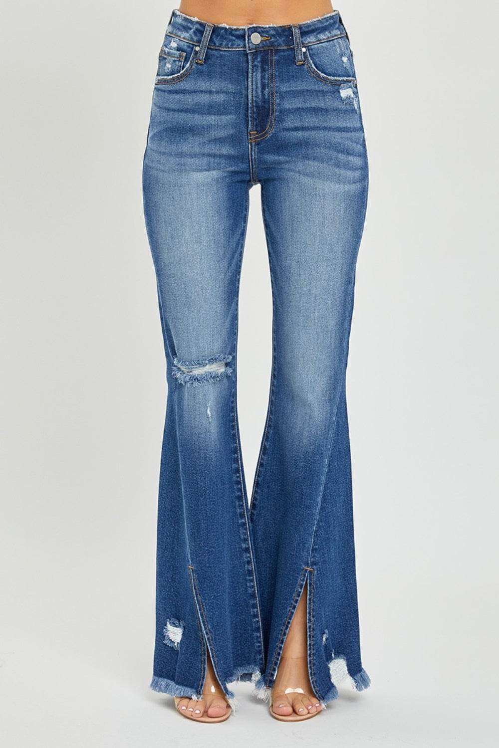 RISEN Full Size High Rise Front Slit Frayed Hem Flare Jeans - DaTrendStore.Com