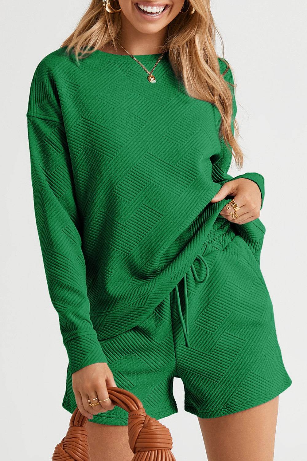 Round Neck Dropped Shoulder Top and Shorts Set - DaTrendStore.Com