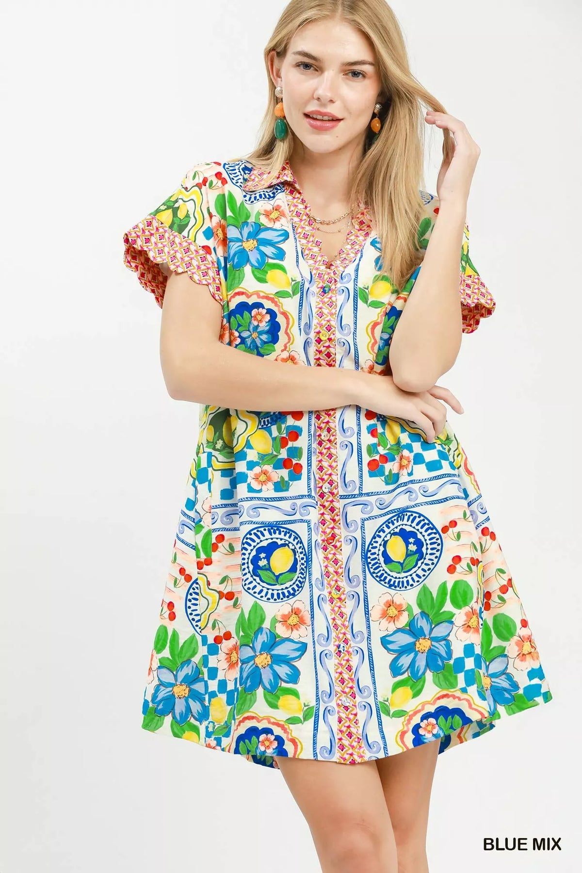 Umgee Mediterranean Print Dress with Contrast Printed Trim - Blue Mix