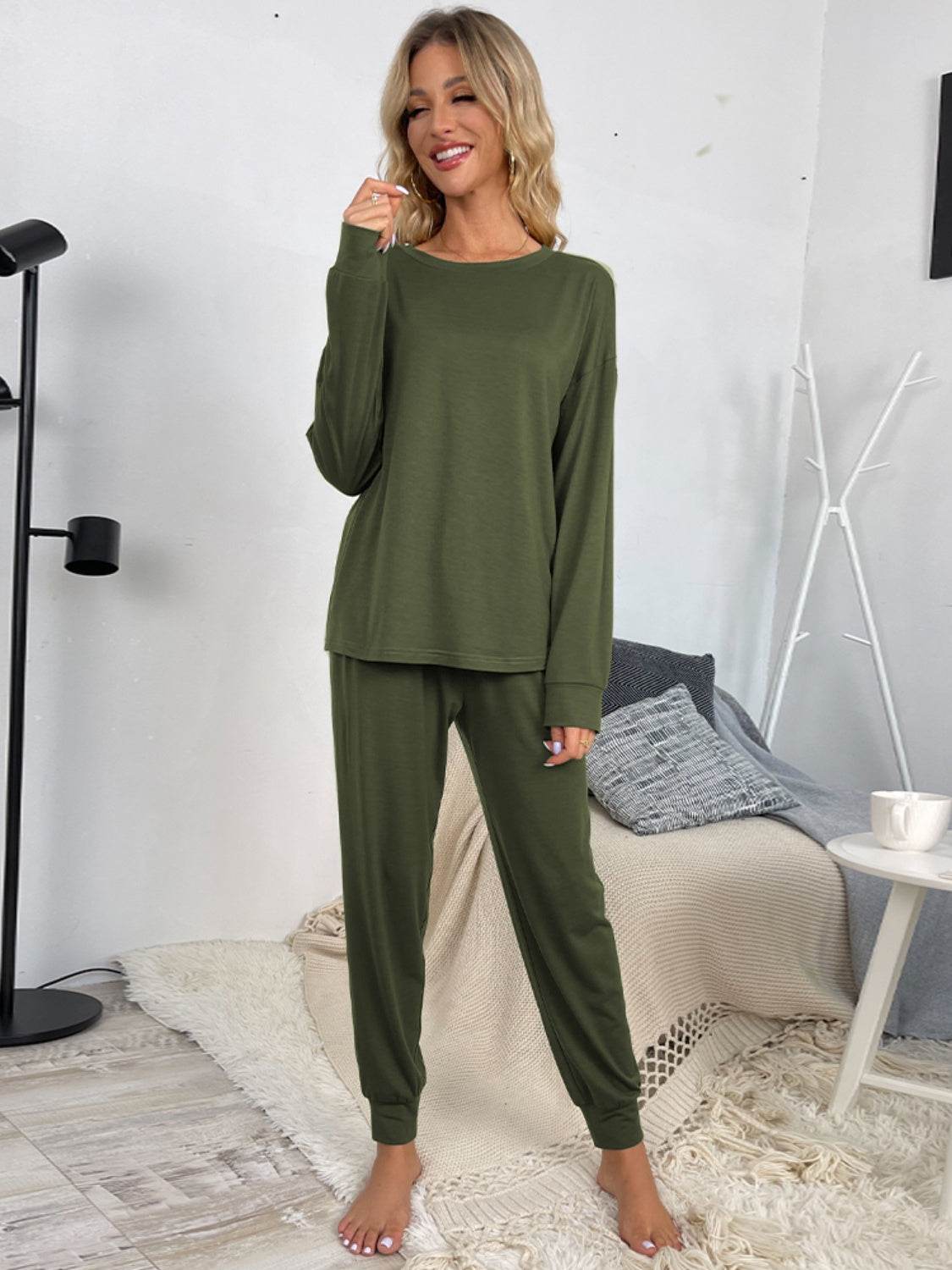 Shiny Round Neck Top and Drawstring Pants Lounge Set - DaTrendStore.Com