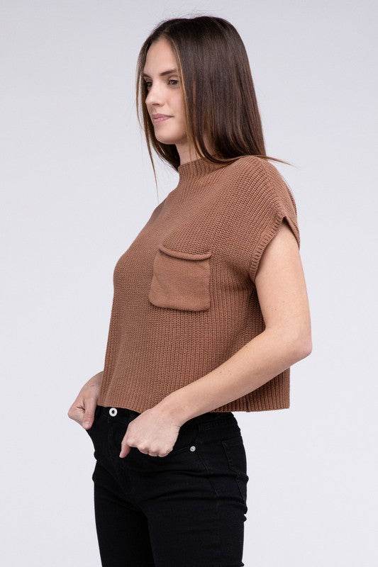 Mock Neck Short Sleeve Cropped Sweater - DaTrendStore.Com