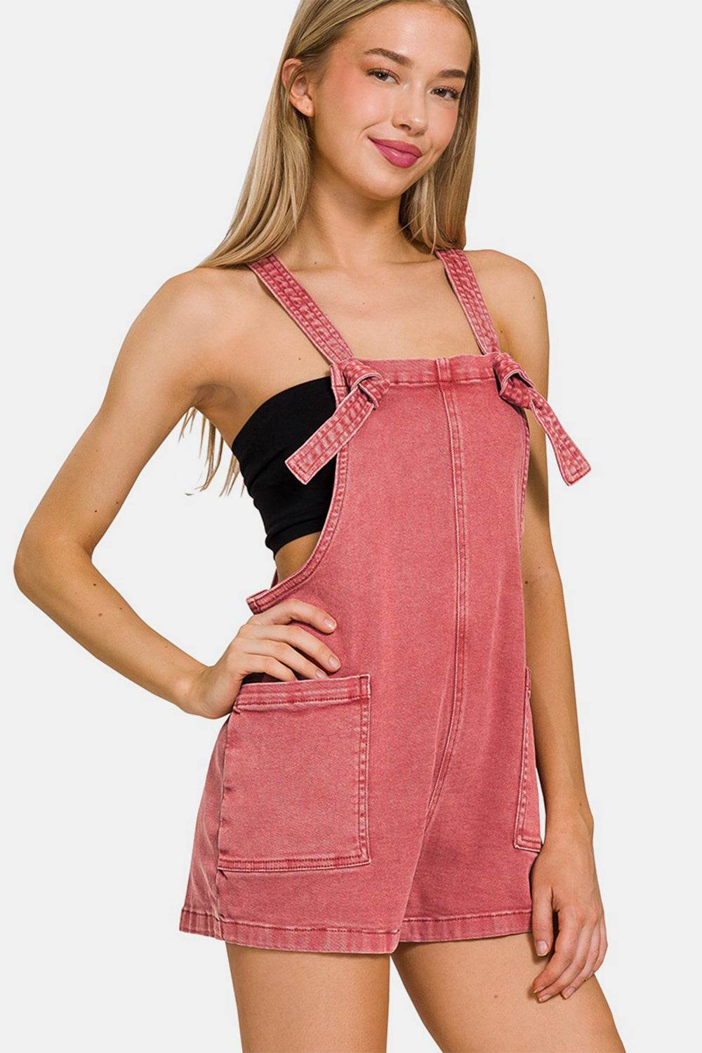 Zenana Washed Knot Strap Rompers - DaTrendStore.Com