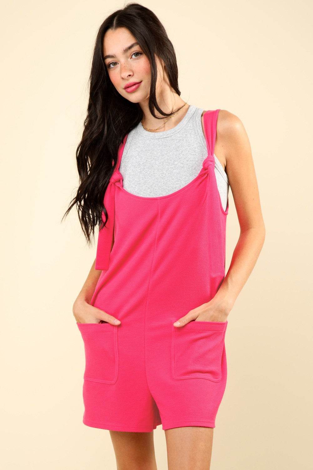 VERY J Tie Shoulder Front Pocket Romper - DaTrendStore.Com
