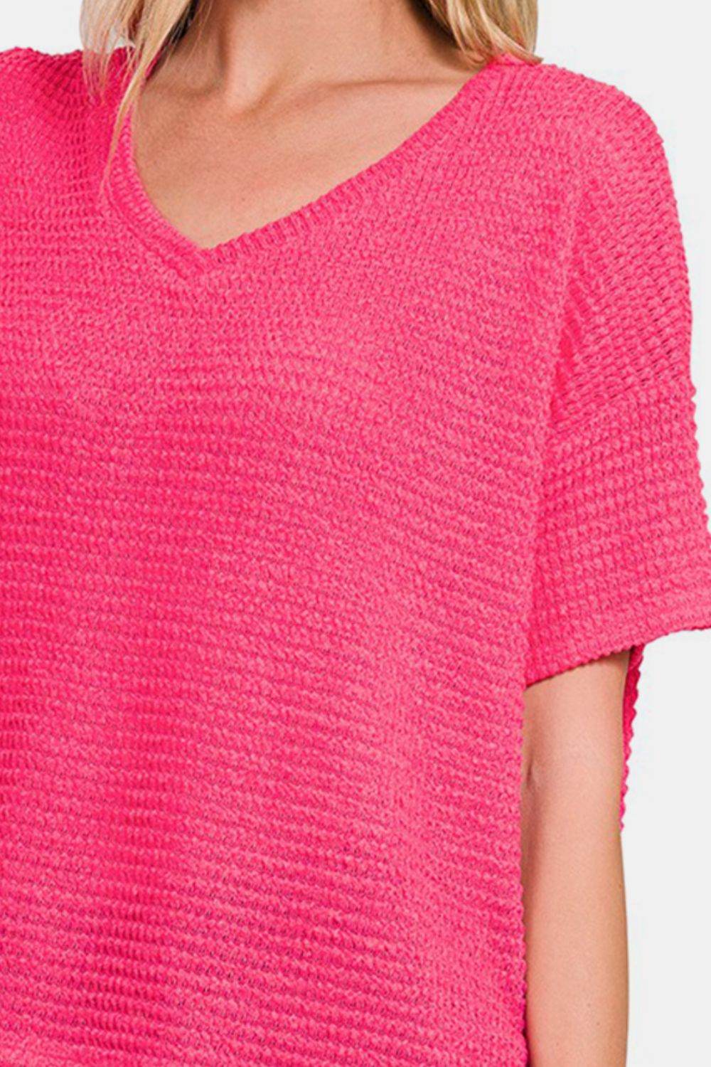 Zenana Drop Shoulder Short Sleeve Jacquard Knit Top - DaTrendStore.Com