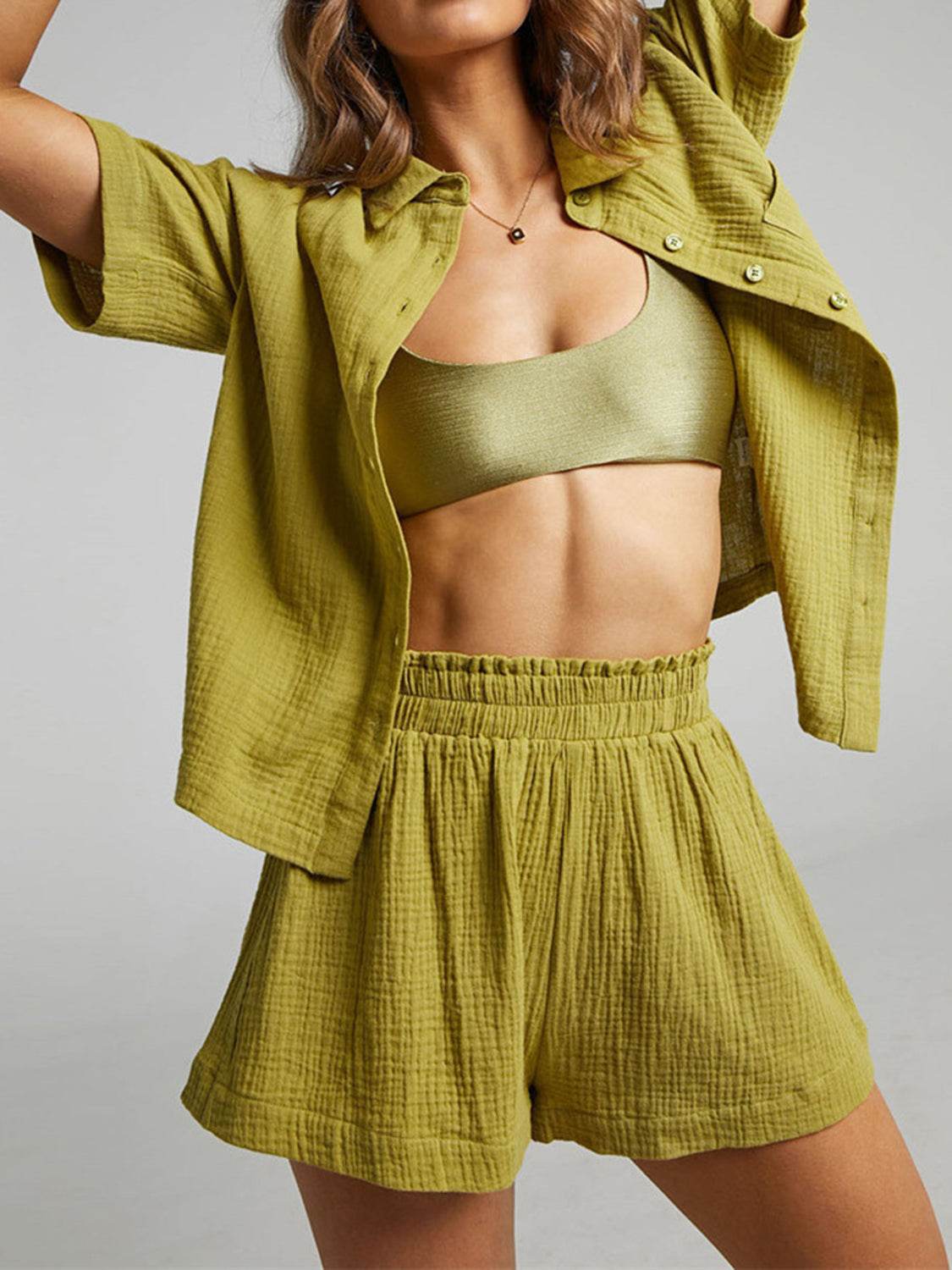 Texture Button Up Shirt and Shorts Set - DaTrendStore.Com
