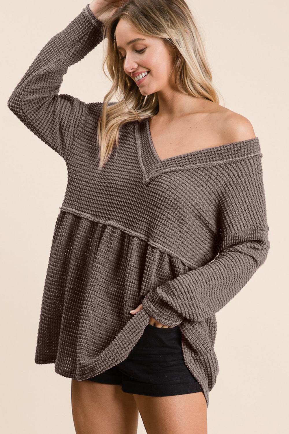 BiBi Waffle Knit V-Neck Babydoll Blouse - DaTrendStore.Com