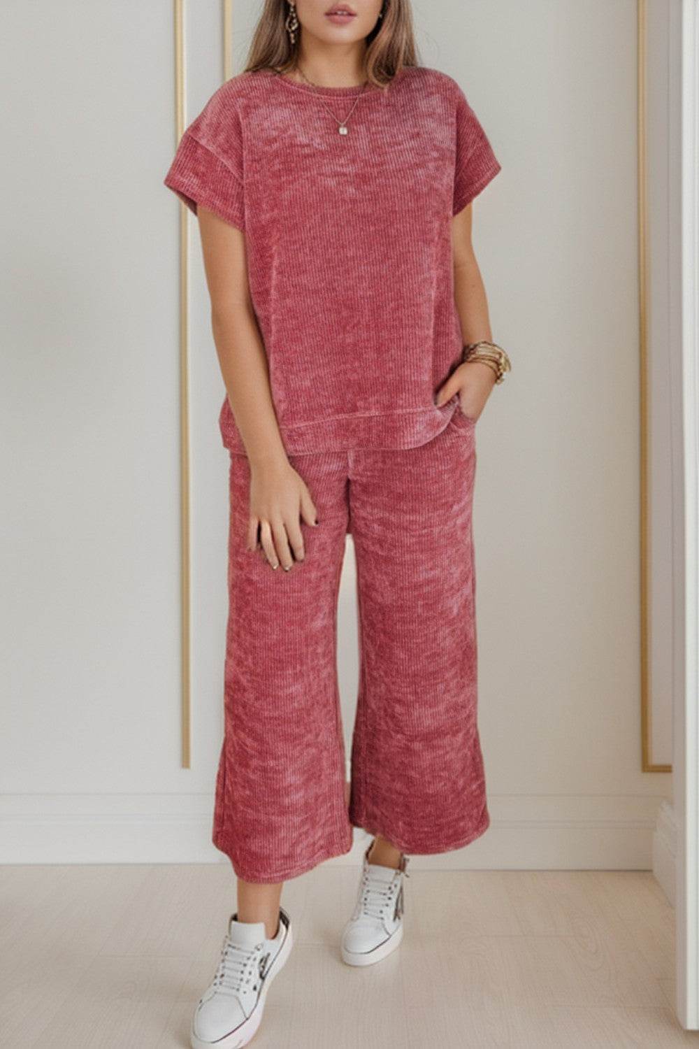 Round Neck Short Sleeve Top and Pants Set - DaTrendStore.Com