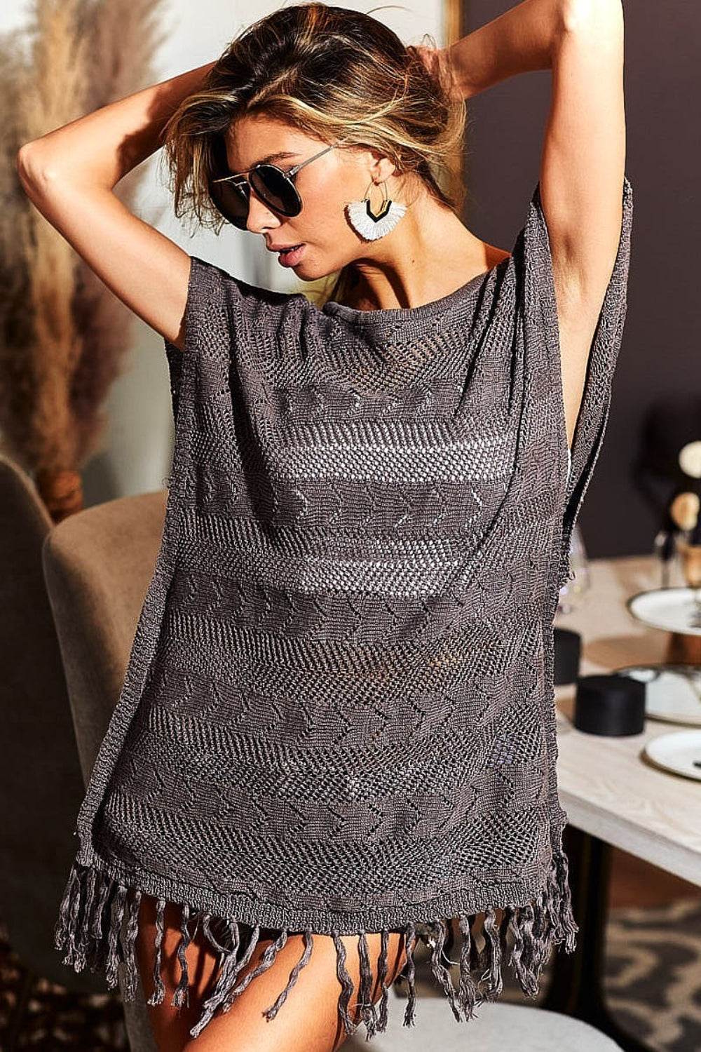 BiBi Fringed Hem Short Sleeve Knit Top - DaTrendStore.Com