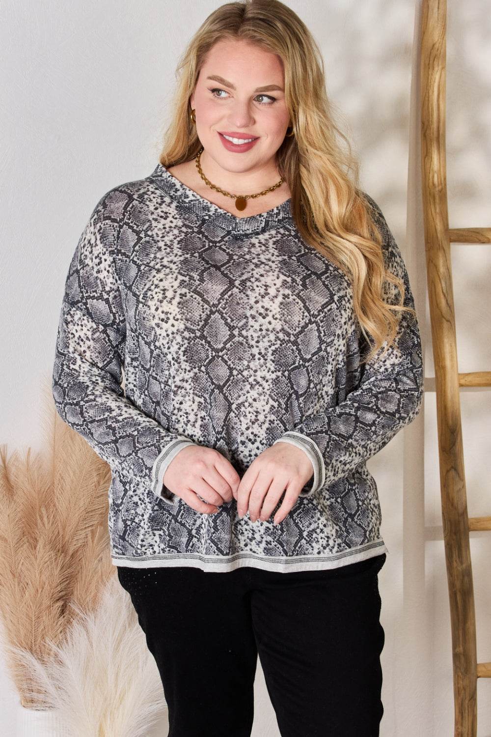 Hailey & Co Full Size Snakeskin V-Neck Long Sleeve Top - DaTrendStore.Com
