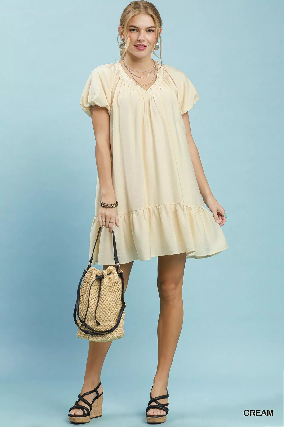 Umgee Ruffle Hem Shift Mini Dress - Cream
