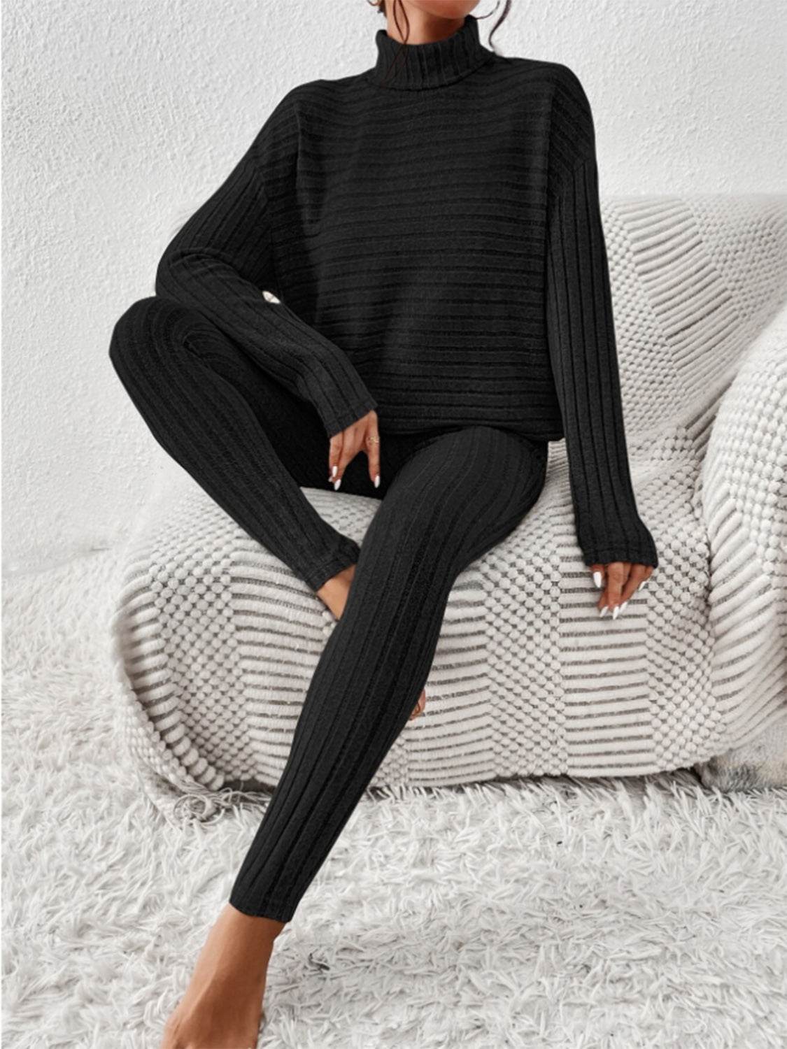 Ribbed Turtleneck Top and Pants Set - DaTrendStore.Com