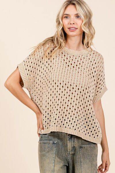 Mittoshop Mineral Wash Openwork Short Sleeve Knit Cover Up - DaTrendStore.Com