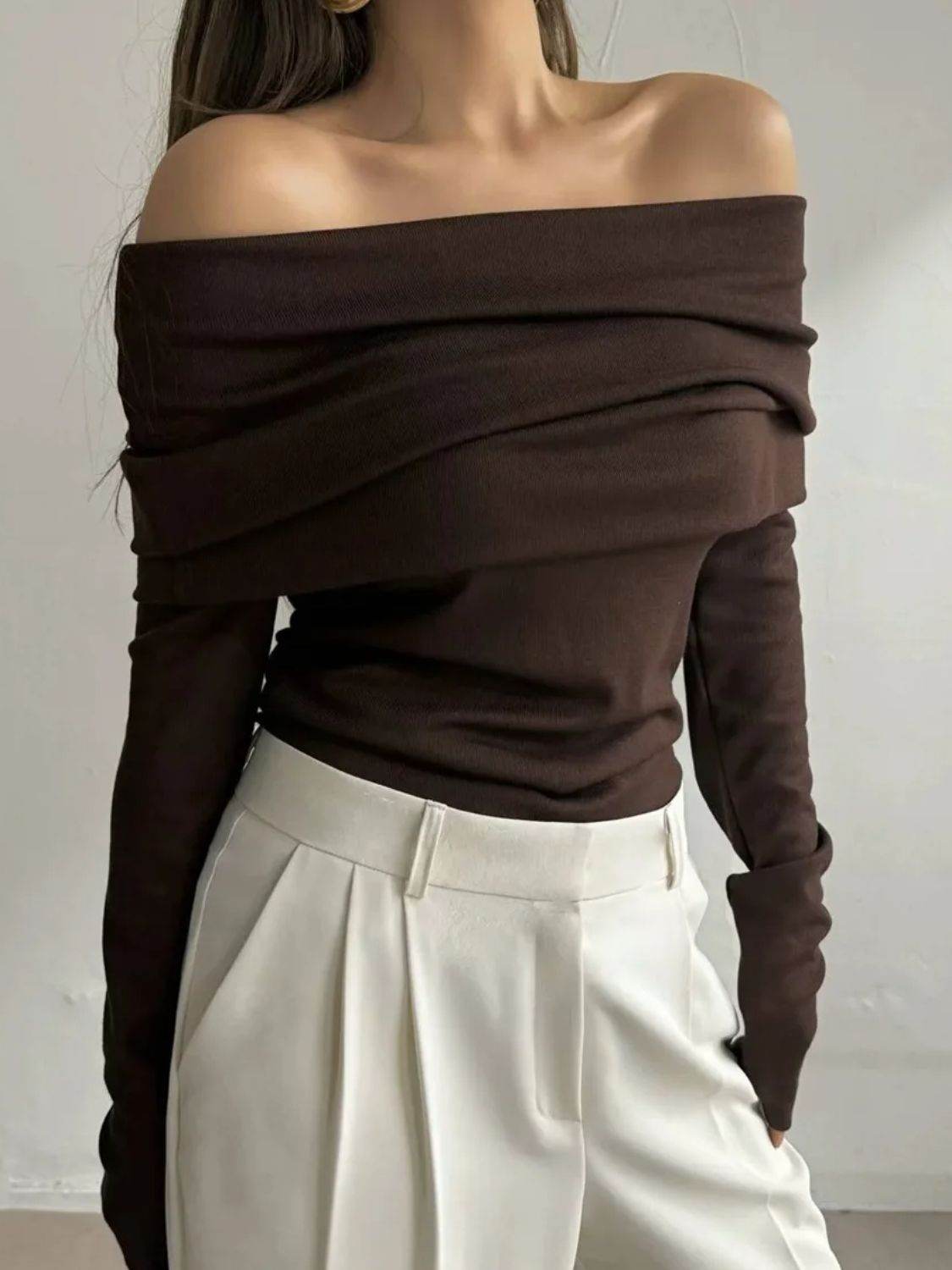 Off-Shoulder Long Sleeve Knit Top - DaTrendStore.Com