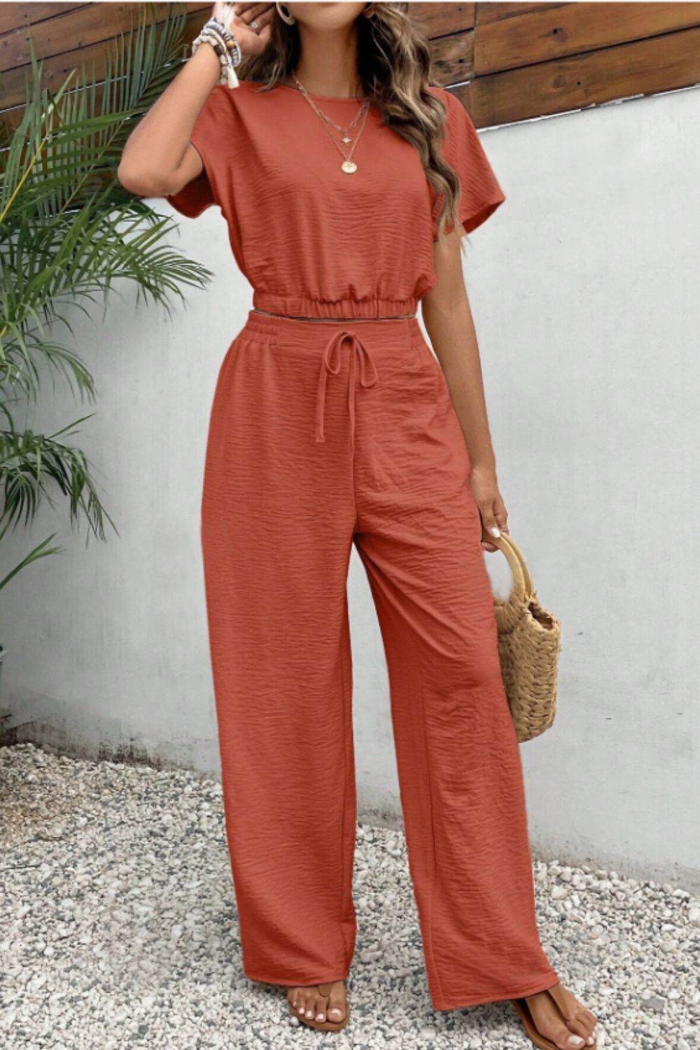 Round Neck Short Sleeve Top and Pants Set - DaTrendStore.Com