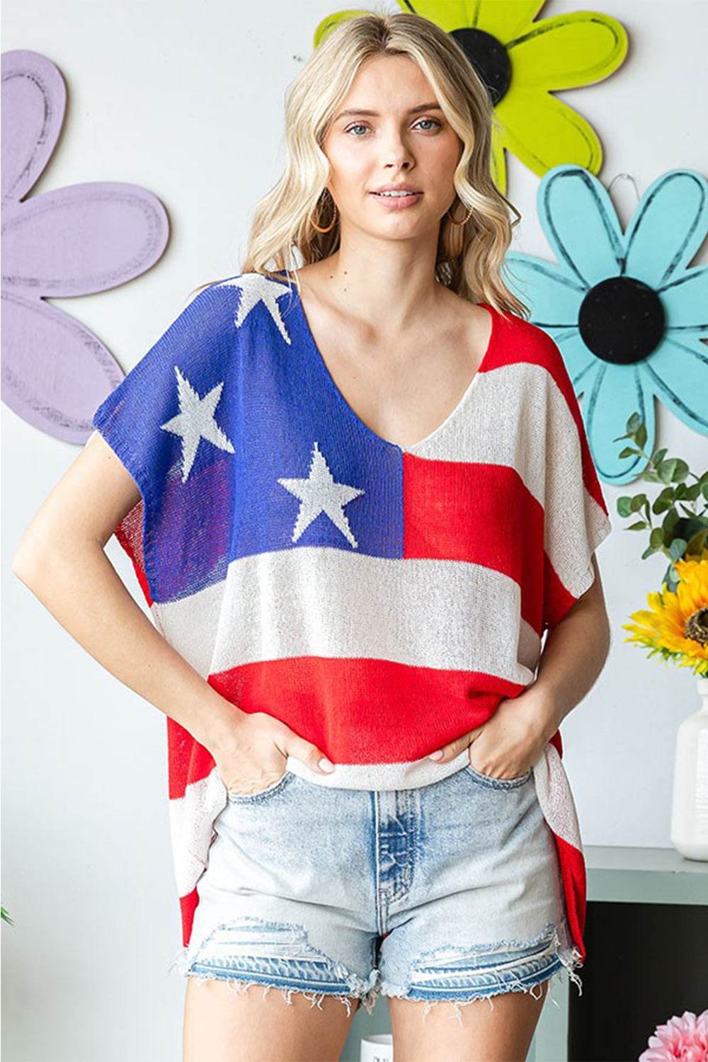 First Love Full Size USA Flag Drop Shoulder Knit Top - DaTrendStore.Com