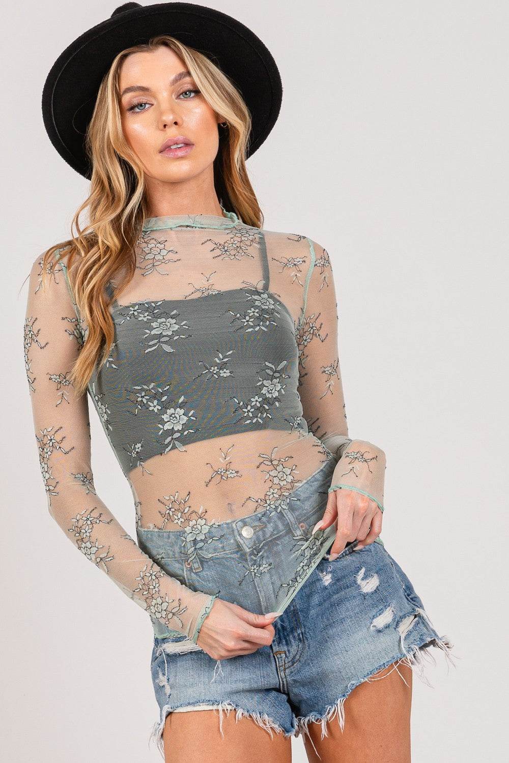 SAGE + FIG Mesh Long Sleeve Sheer Floral Embroidery Top - DaTrendStore.Com