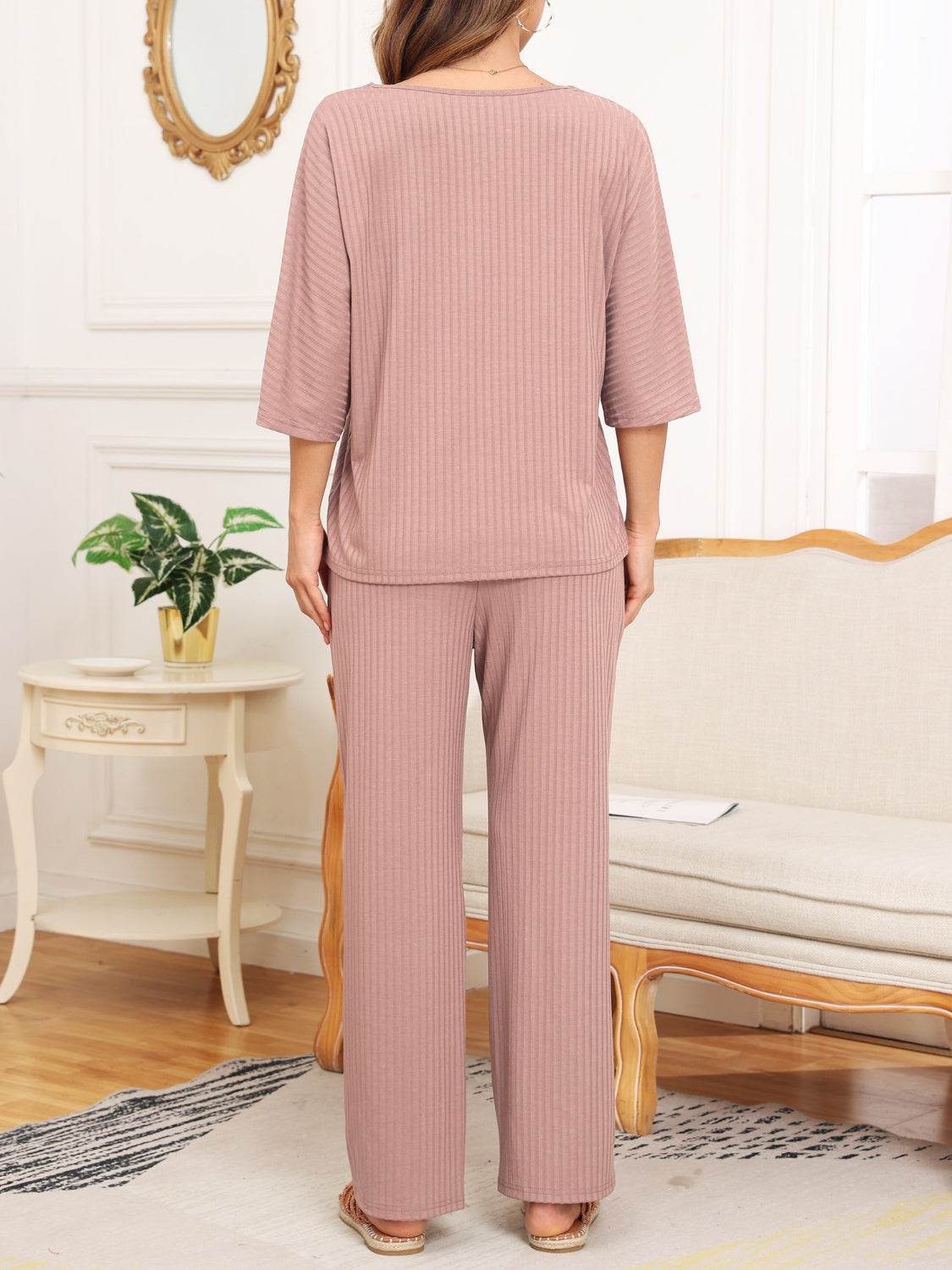Ribbed Half Sleeve Top and Pocketed Pants Set - DaTrendStore.Com