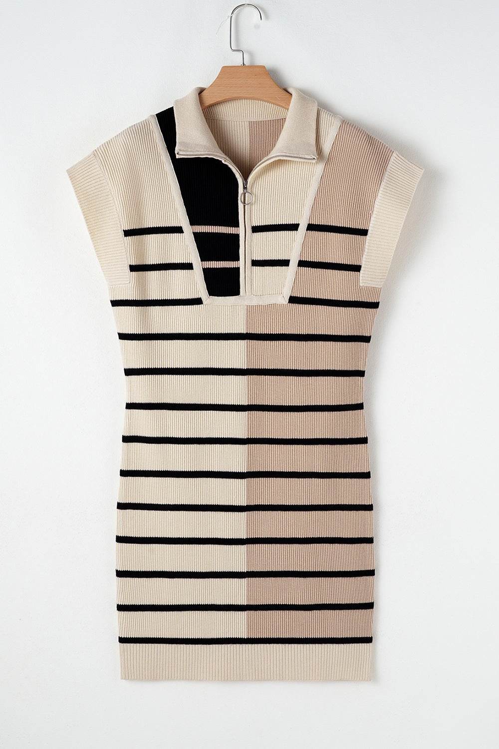 Striped Quarter Zip Cap Sleeve Sweater Dress - DaTrendStore.Com