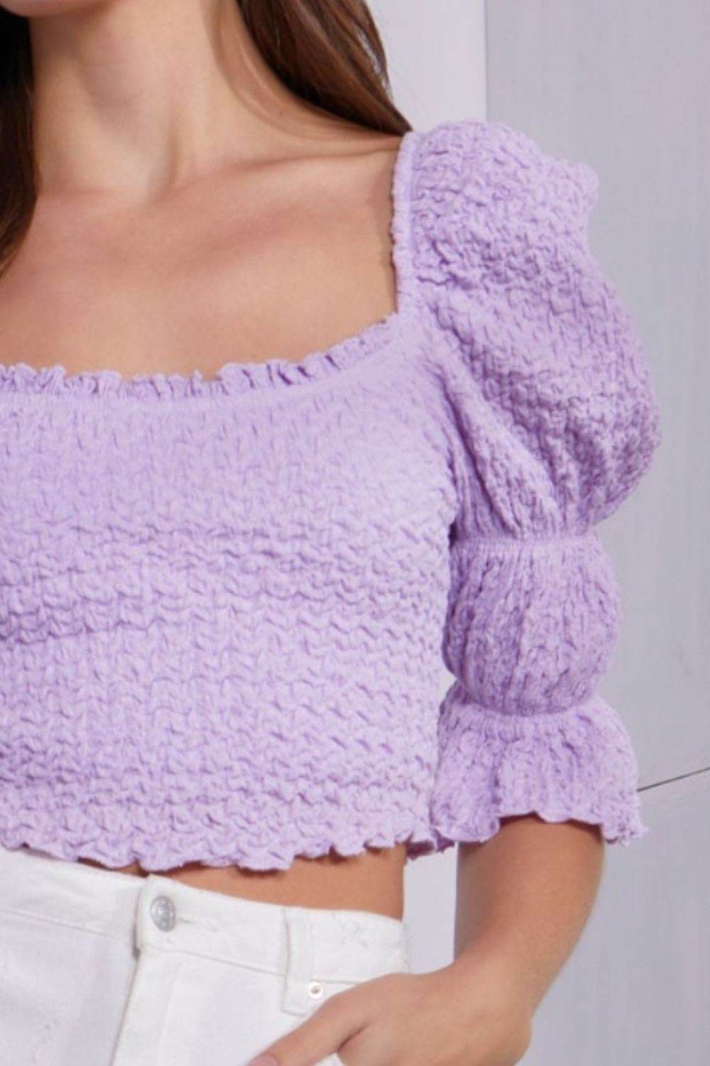 Mustard Seed Crinkle Texture Puff Sleeve Crop Top - DaTrendStore.Com