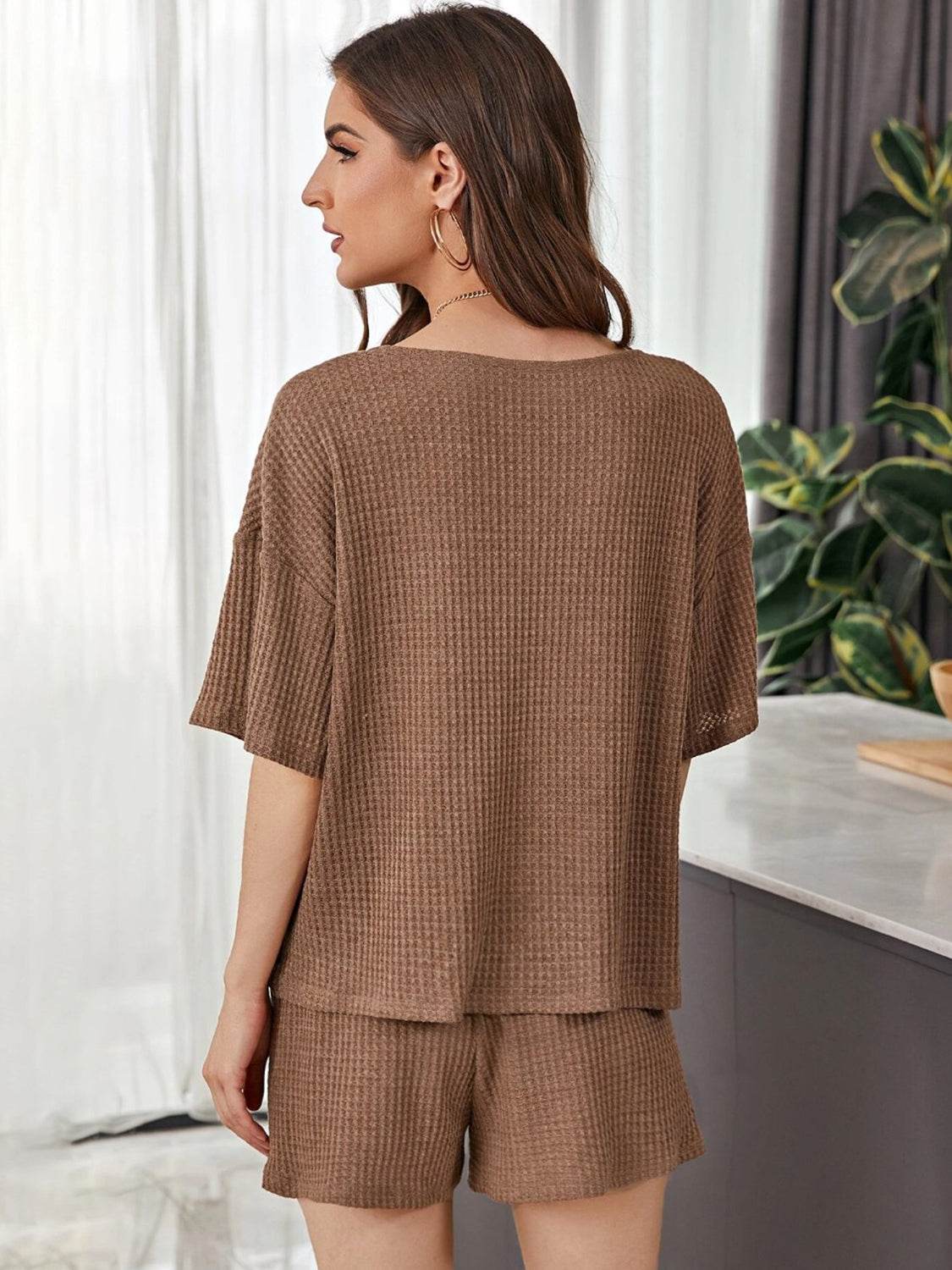 Full Size Waffle-Knit Dropped Shoulder Top and Shorts Set - DaTrendStore.Com