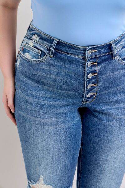 Judy Blue Full Size Button Fly Distressed Jeans with Pockets Plus Size - DaTrendStore.Com