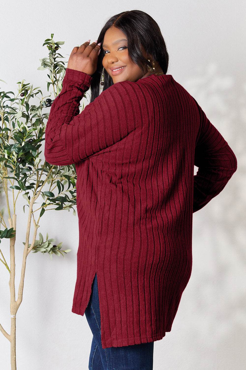 Basic Bae Full Size Ribbed Round Neck Long Sleeve Slit Top - DaTrendStore.Com