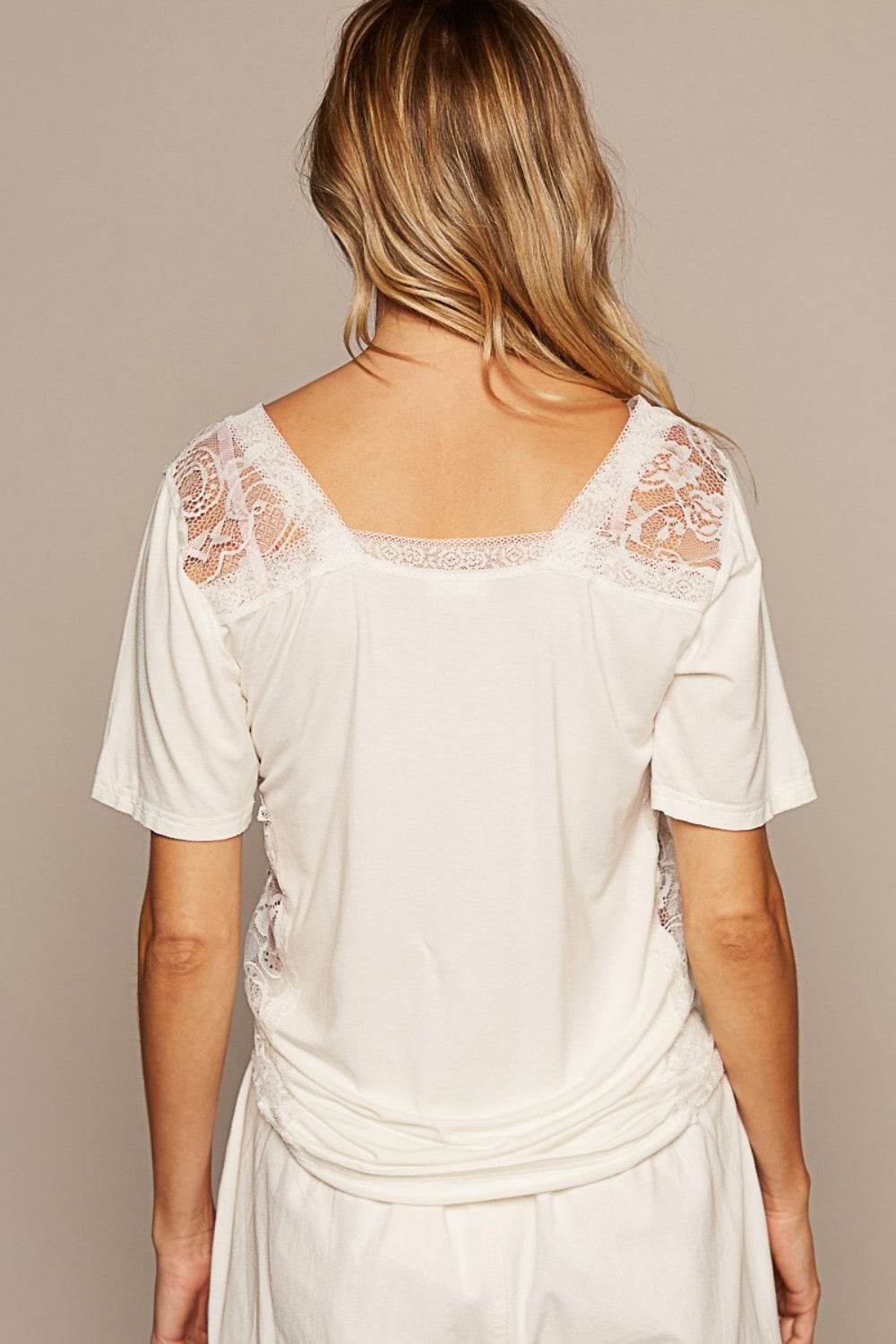 POL V-Neck Short Sleeve Lace Trim Top - DaTrendStore.Com