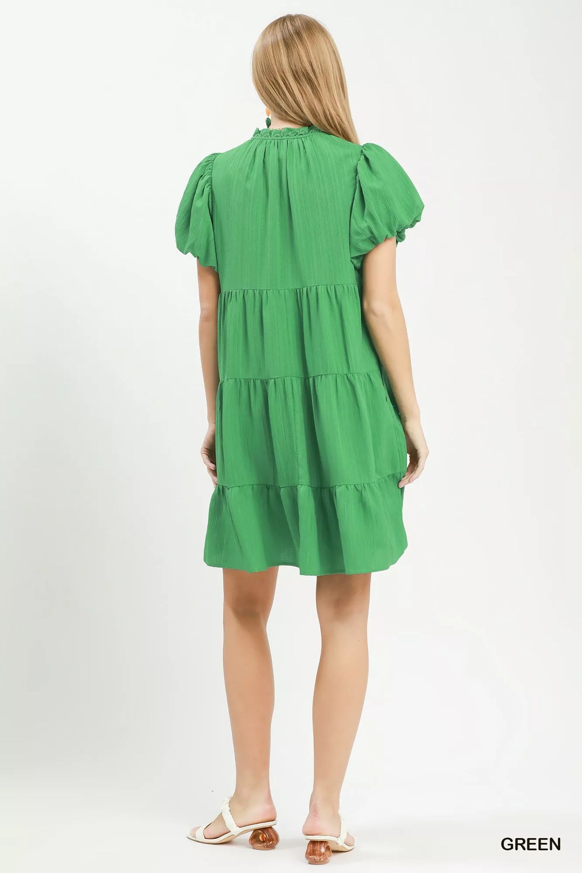 Umgee Puff Sleeve Tiered Babydoll Dress - Green