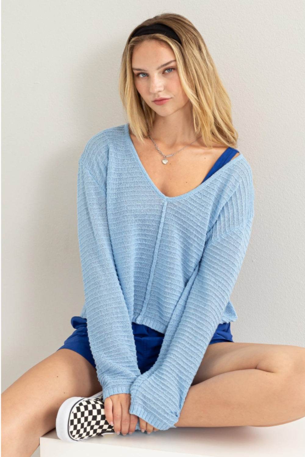 HYFVE V-Neck Stripe Texture Long Sleeve Top - DaTrendStore.Com