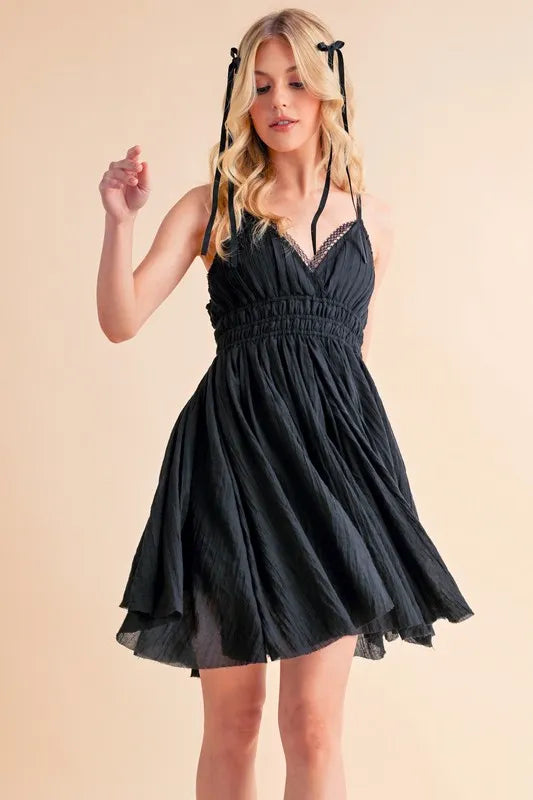 Aemi+Co Black Lace-Detail Mini Cami Dress